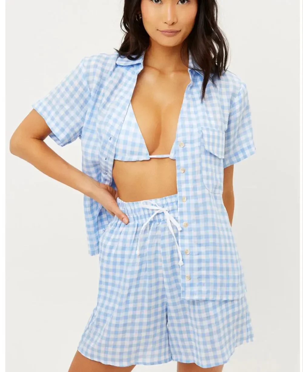 Frankies Bikinis Lou Blue White Matching Linen Set NWT Size S